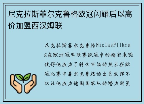 尼克拉斯菲尔克鲁格欧冠闪耀后以高价加盟西汉姆联