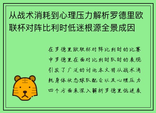 从战术消耗到心理压力解析罗德里欧联杯对阵比利时低迷根源全景成因