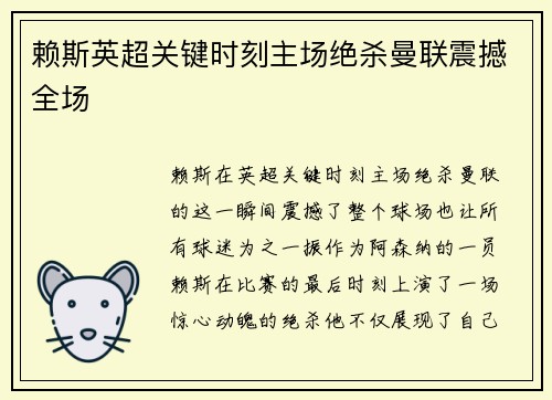 赖斯英超关键时刻主场绝杀曼联震撼全场
