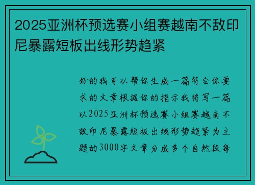 2025亚洲杯预选赛小组赛越南不敌印尼暴露短板出线形势趋紧
